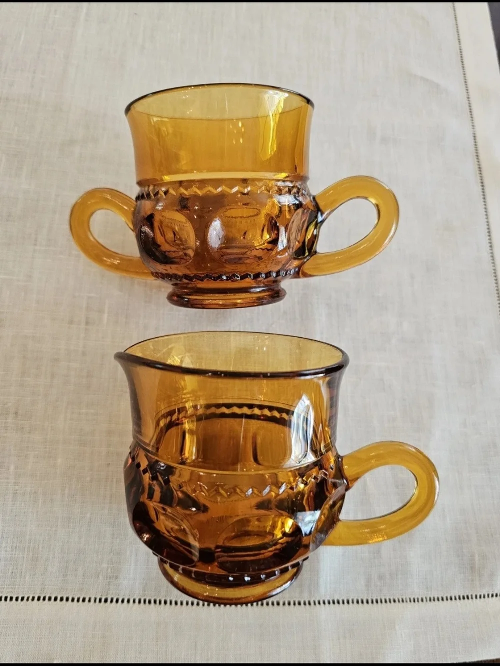 Vintage Indiana Glass Amber King's Crown Creamer & Sugar Set